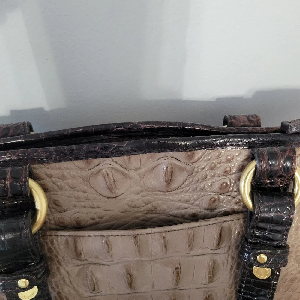 Brahmin Mini Asher Satchel Bag Croc Embossed Rich Dark Brown Grey Tan Luxury